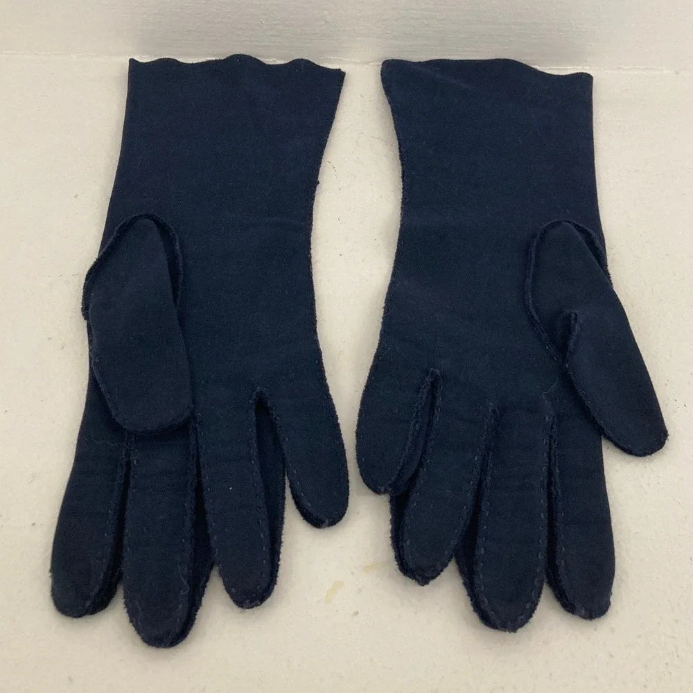 Crescendoe Vintage Navy Blue Cotton Gloves Leather Tailored Size 6.5 Mid Length